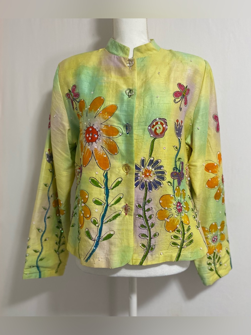 Entice 100% pure silk Floral Blazer in Yellow-Green